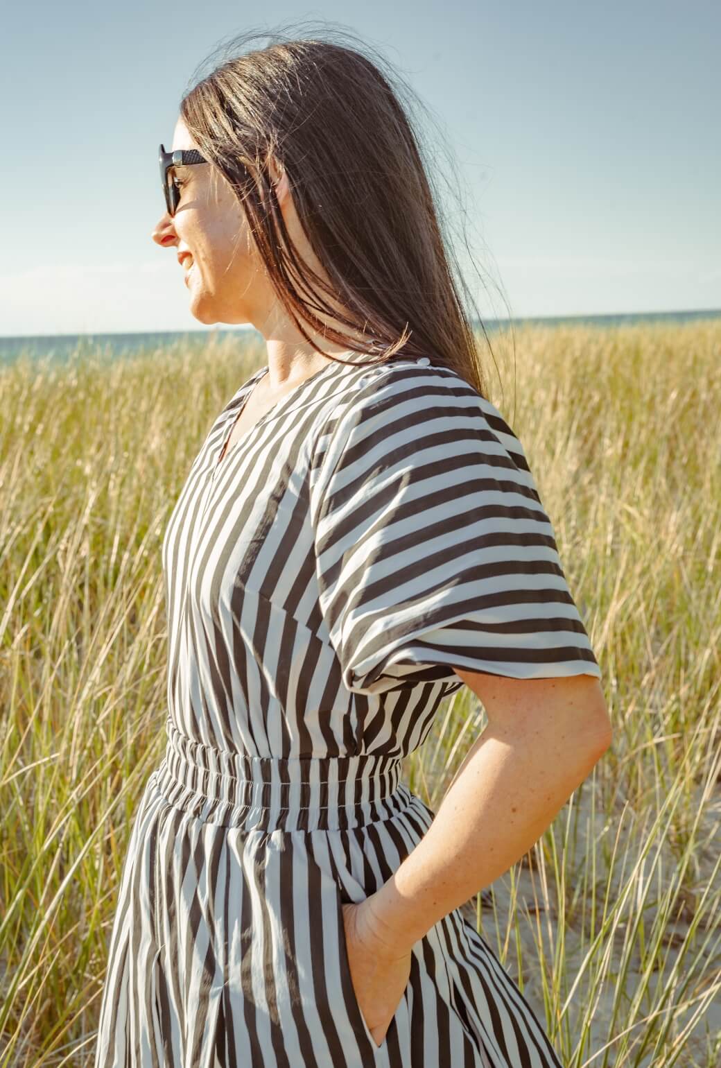 Bell Sleeve V-Neck Top - Black and White Stripe