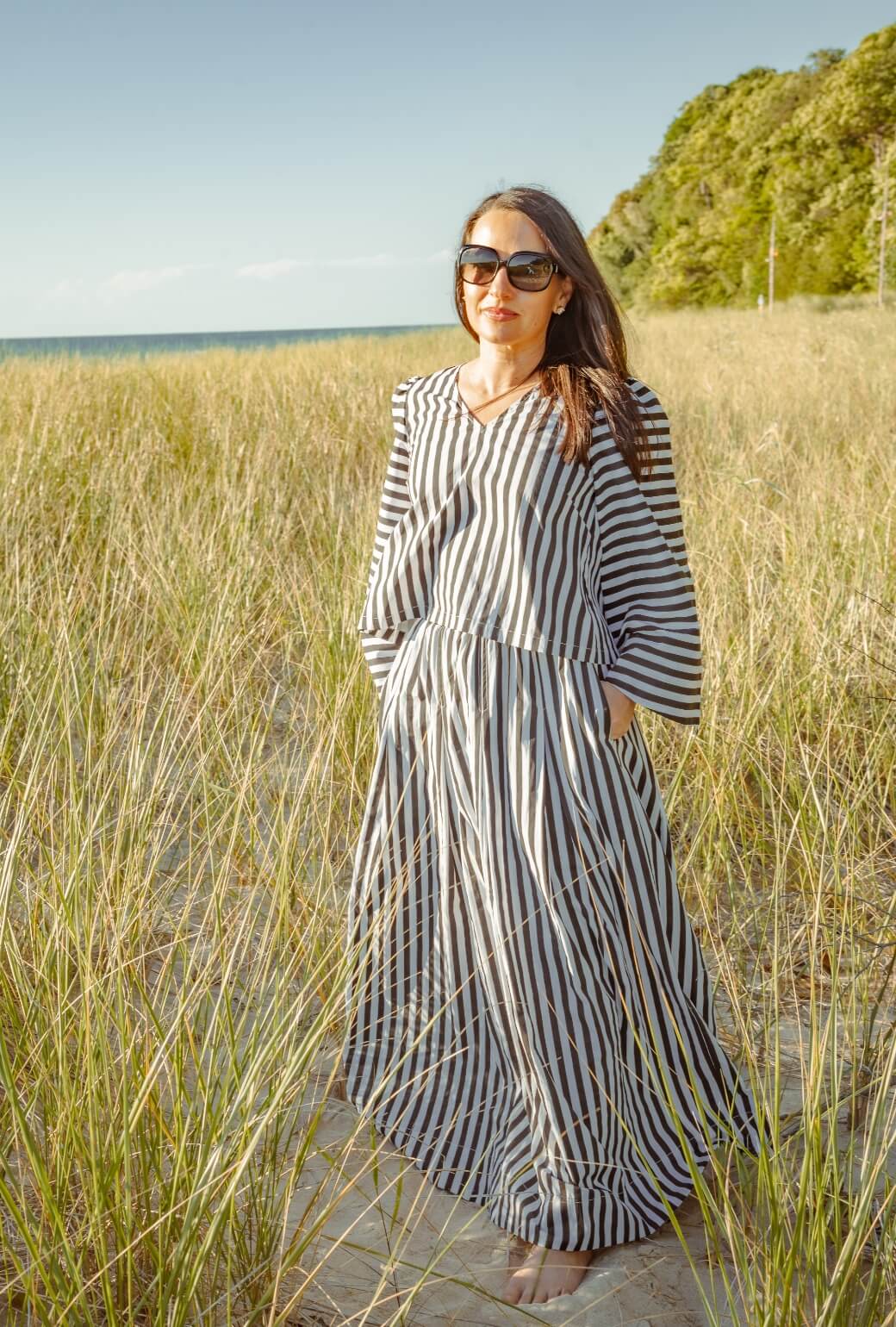 Bell Sleeve V-Neck Top - Black and White Stripe