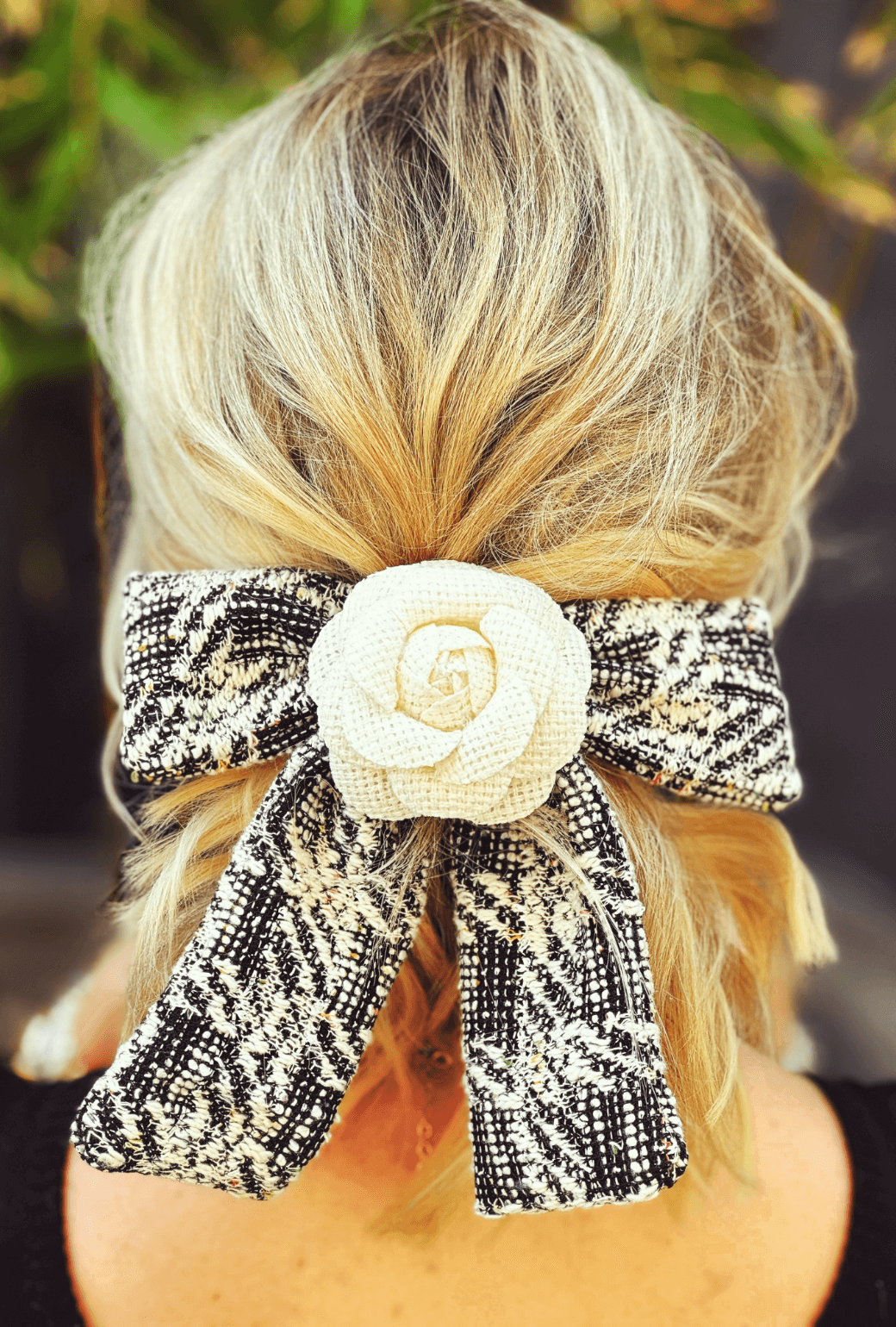 Camellia Bow - Black and Ivory Tweed