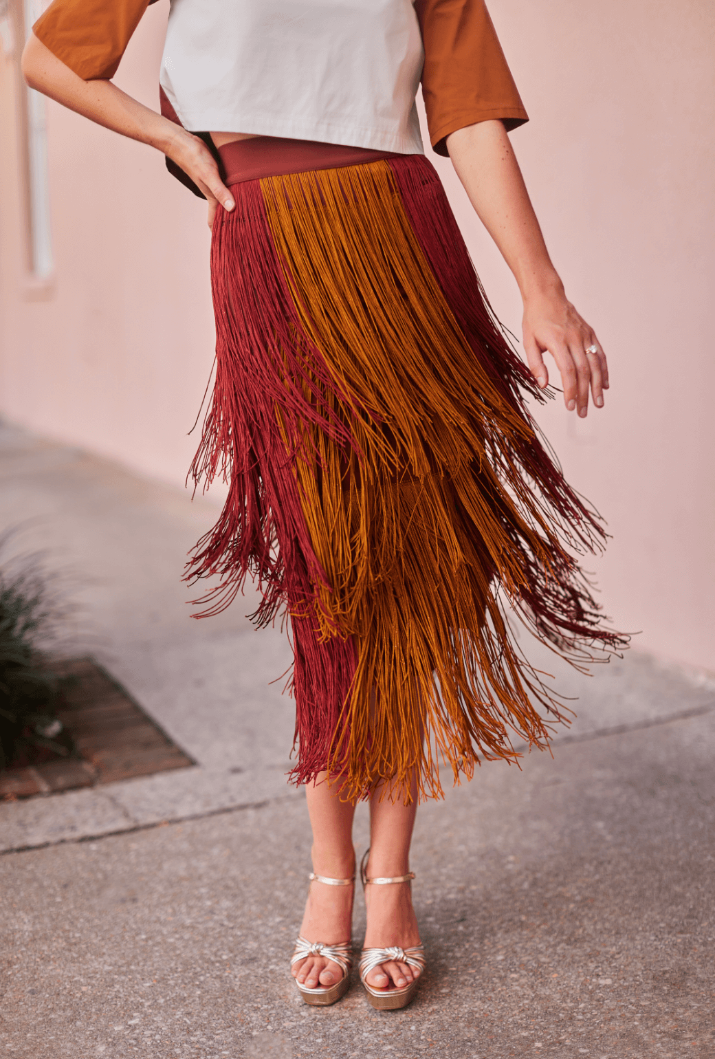 Color Block Fringe Skirt- Rust