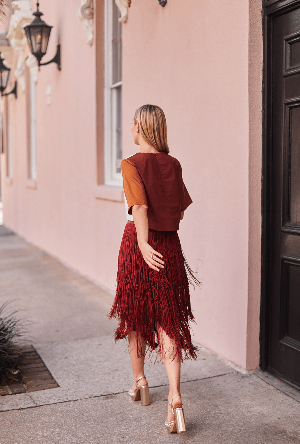 Color Block Fringe Skirt- Rust