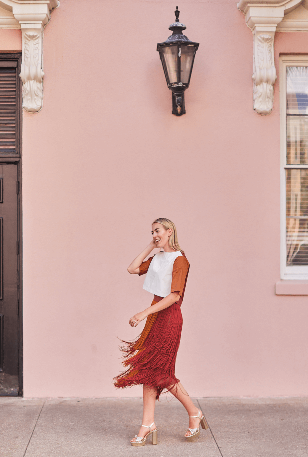 Color Block Fringe Skirt- Rust