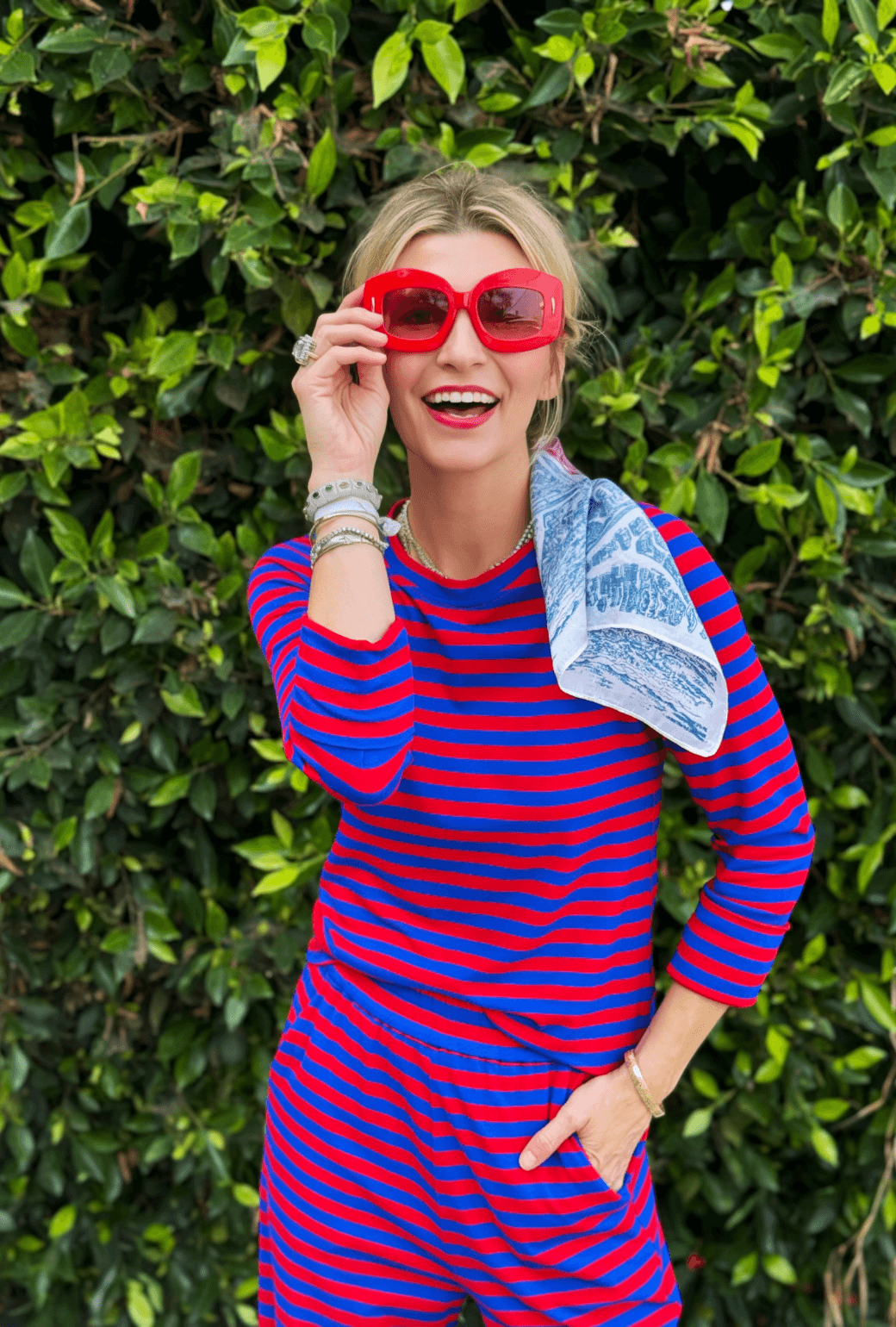 Crew Neck Tee - Red & Blue Stripe