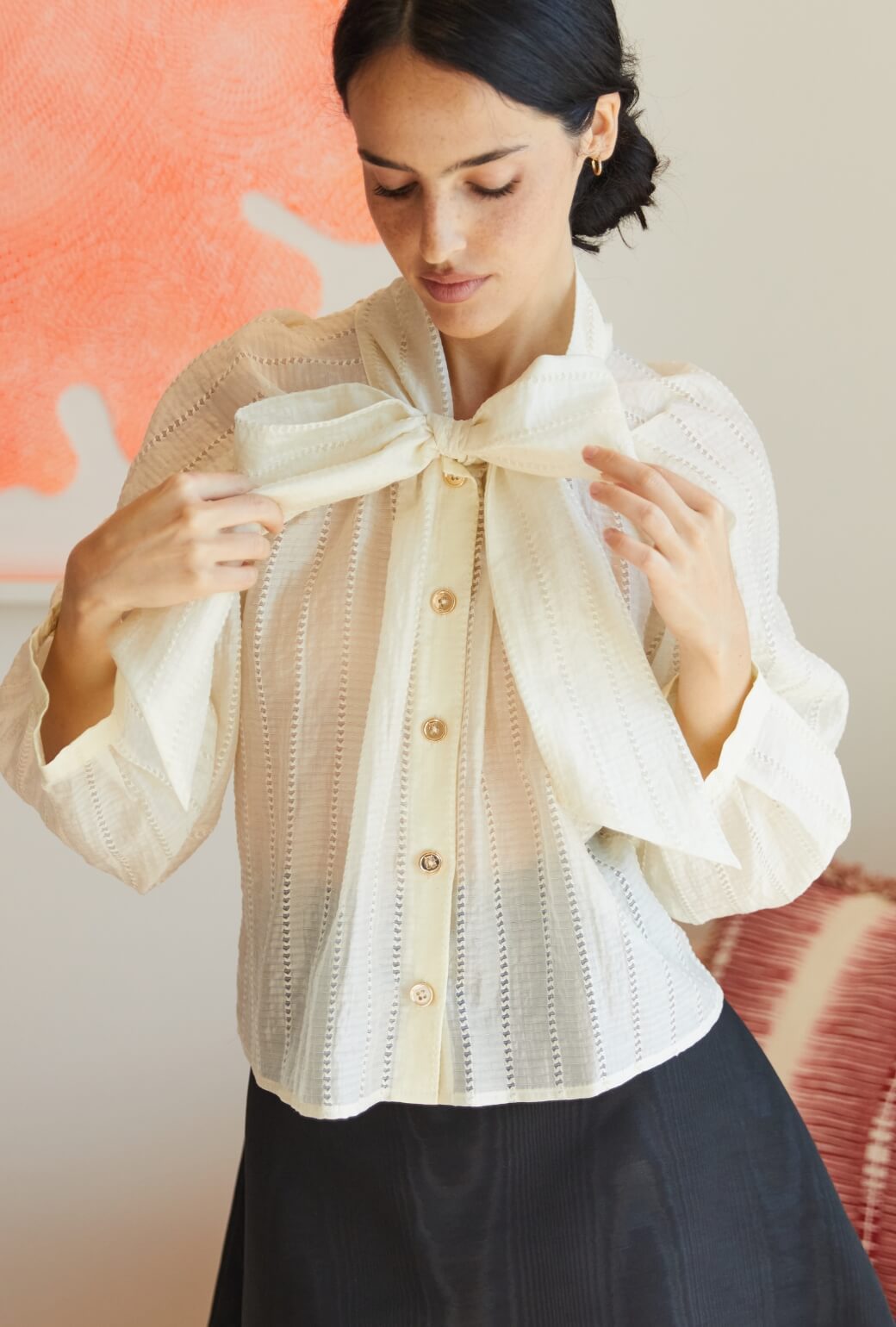 Cropped Big Bow Blouse - Sheer Ivory