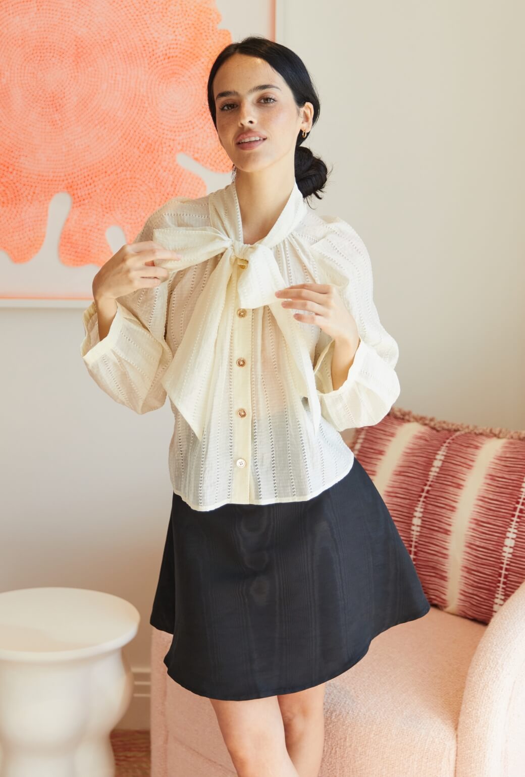 Cropped Big Bow Blouse - Sheer Ivory