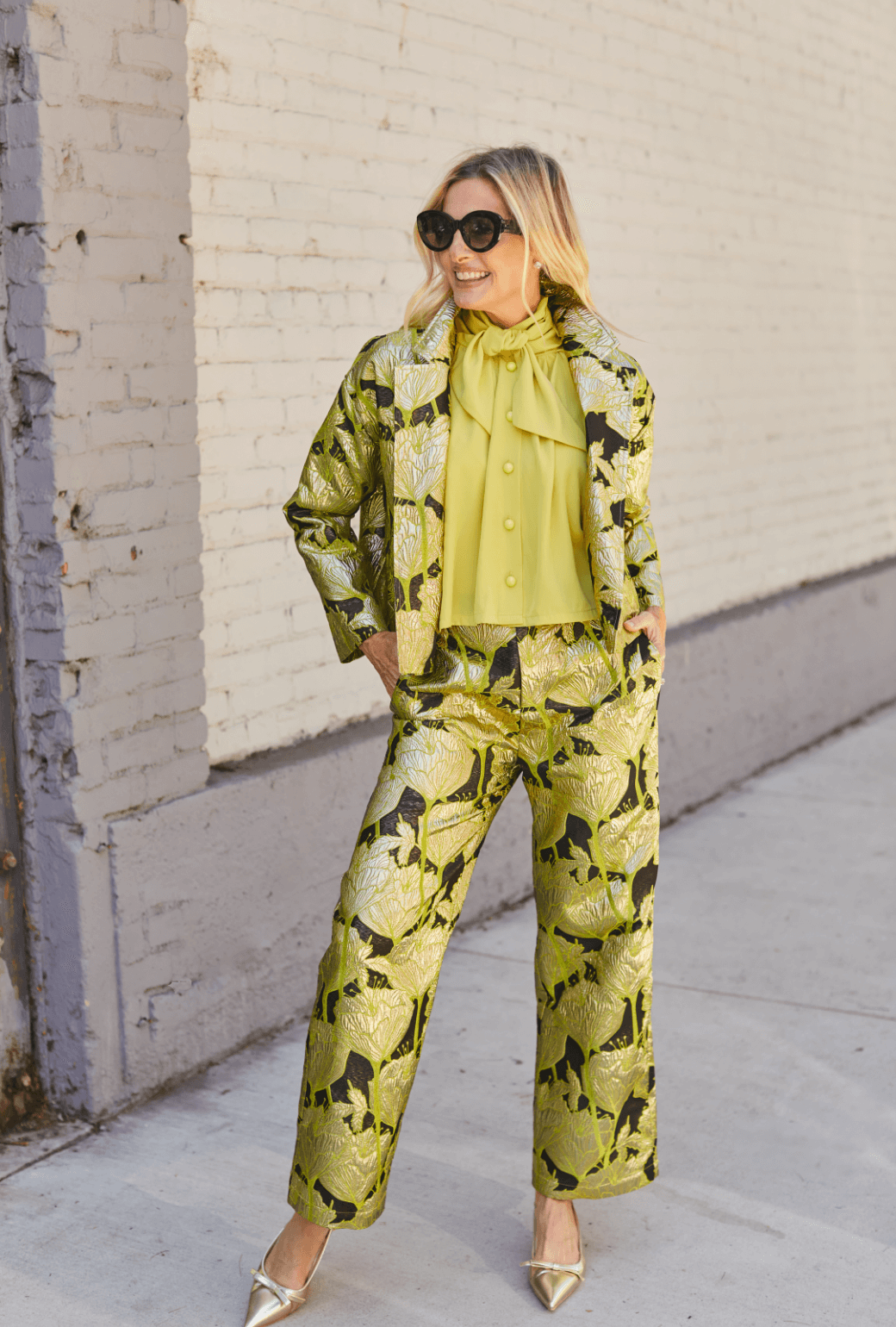 Cropped Boyfriend Blazer - Chartreuse and Black Brocade