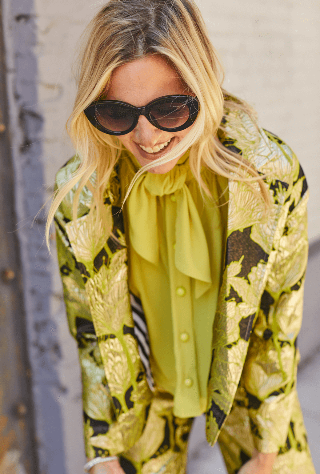 Cropped Boyfriend Blazer - Chartreuse and Black Brocade