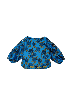 Cropped Button Sleeve Blouse - Blue Rose Jacquard