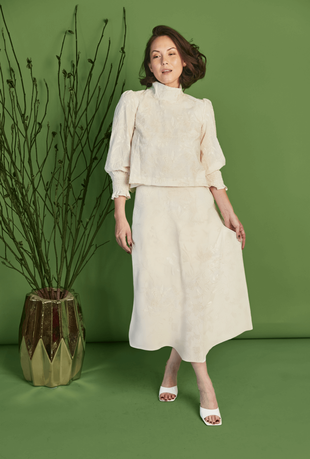 Cropped Long Sleeve Mod Top - Ivory Embroidery