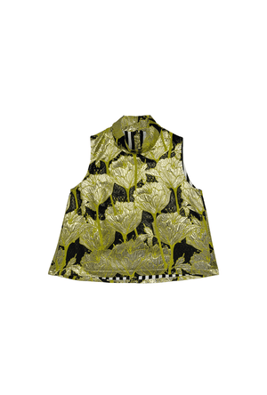 Cropped Sleeveless Mod Top - Chartreuse and Black Brocade