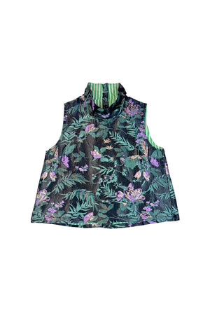 Cropped Sleeveless Mod Top - Sage & Lilac Brocade