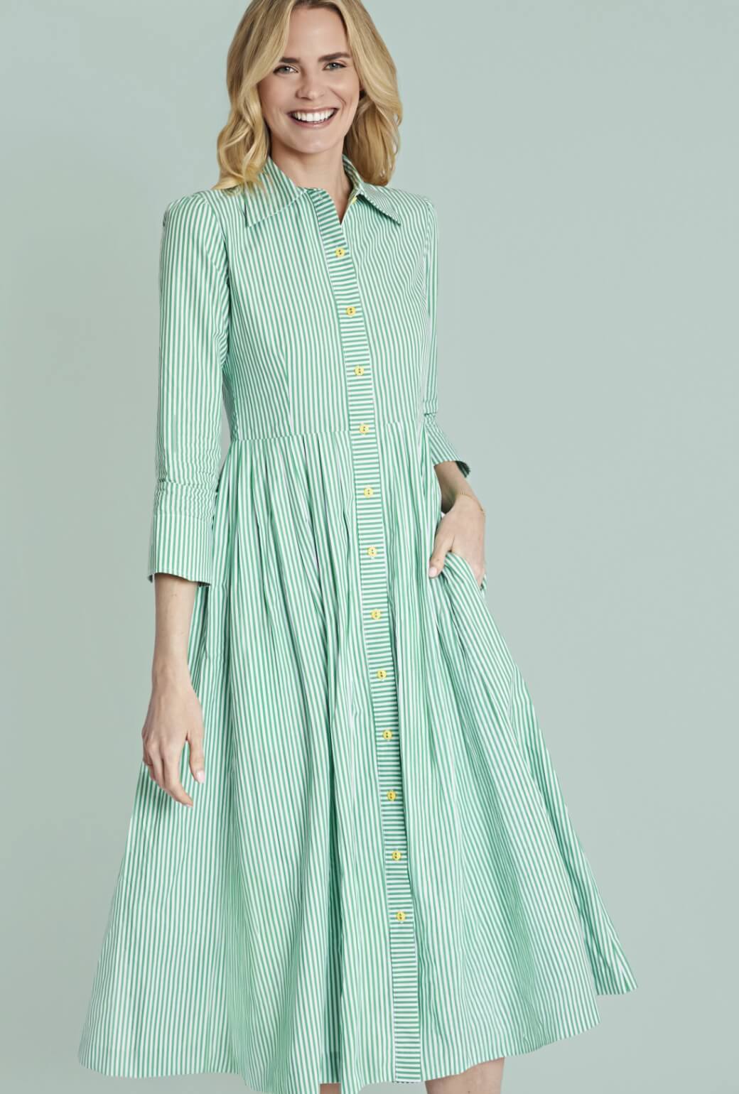 Long Sleeve Placket Front Shirtdress-Green Stripe