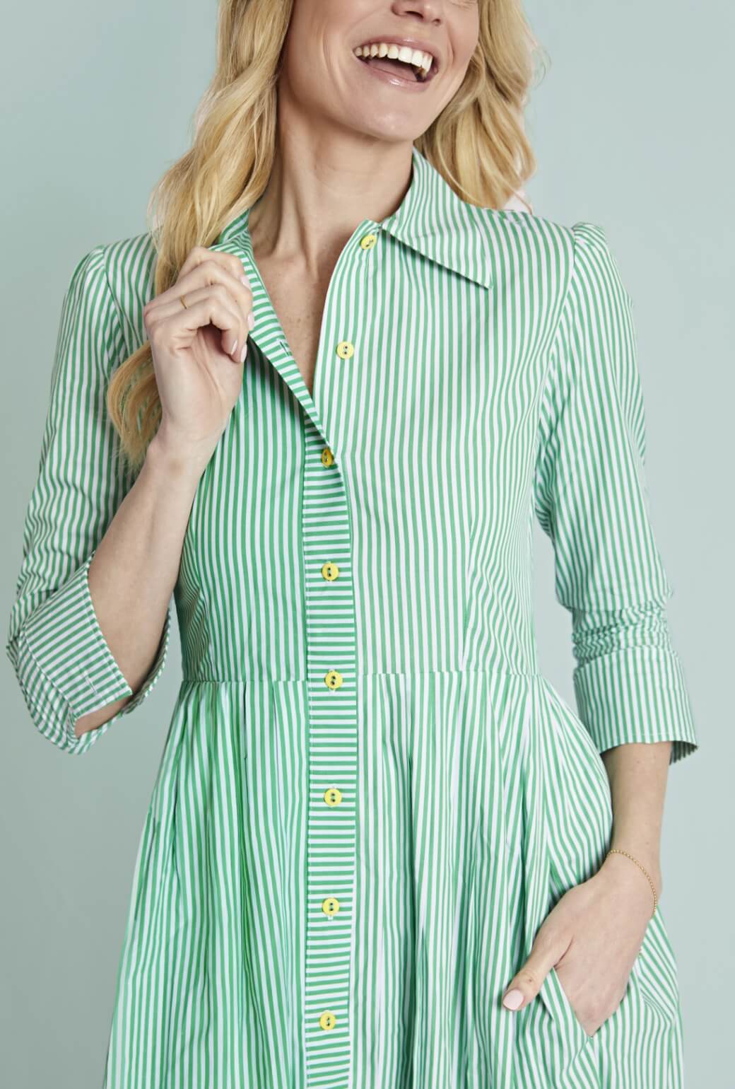 Long Sleeve Placket Front Shirtdress-Green Stripe