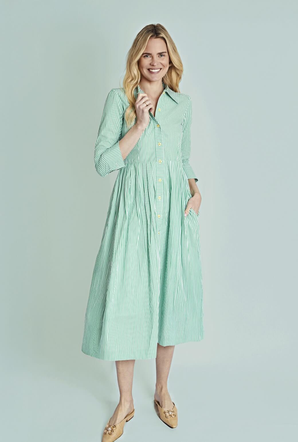 Long Sleeve Placket Front Shirtdress-Green Stripe