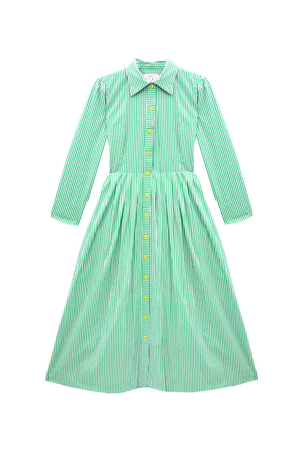 Long Sleeve Placket Front Shirtdress-Green Stripe