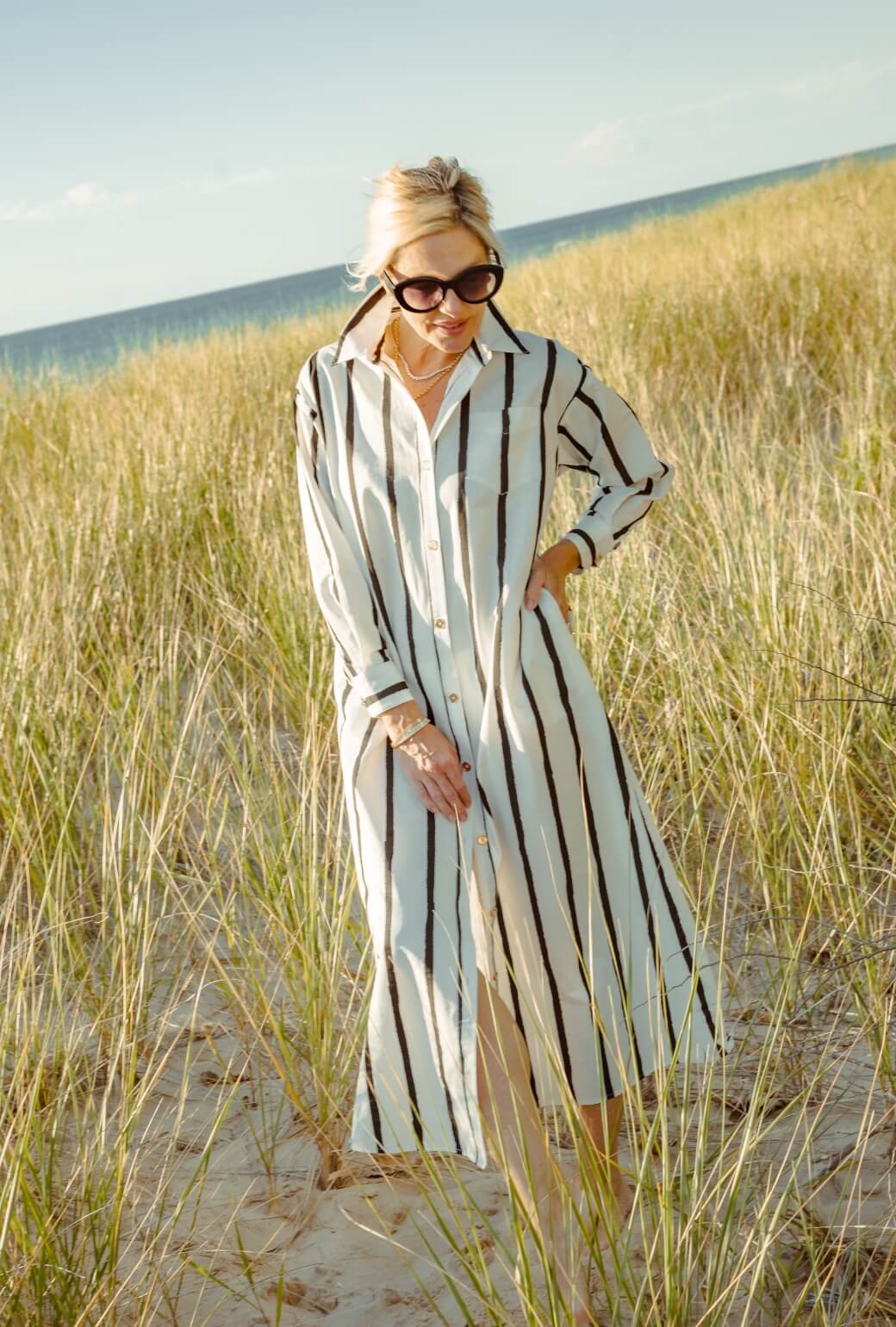 Midi Boyfriend Shirtdress - Black and White Painter Stripe