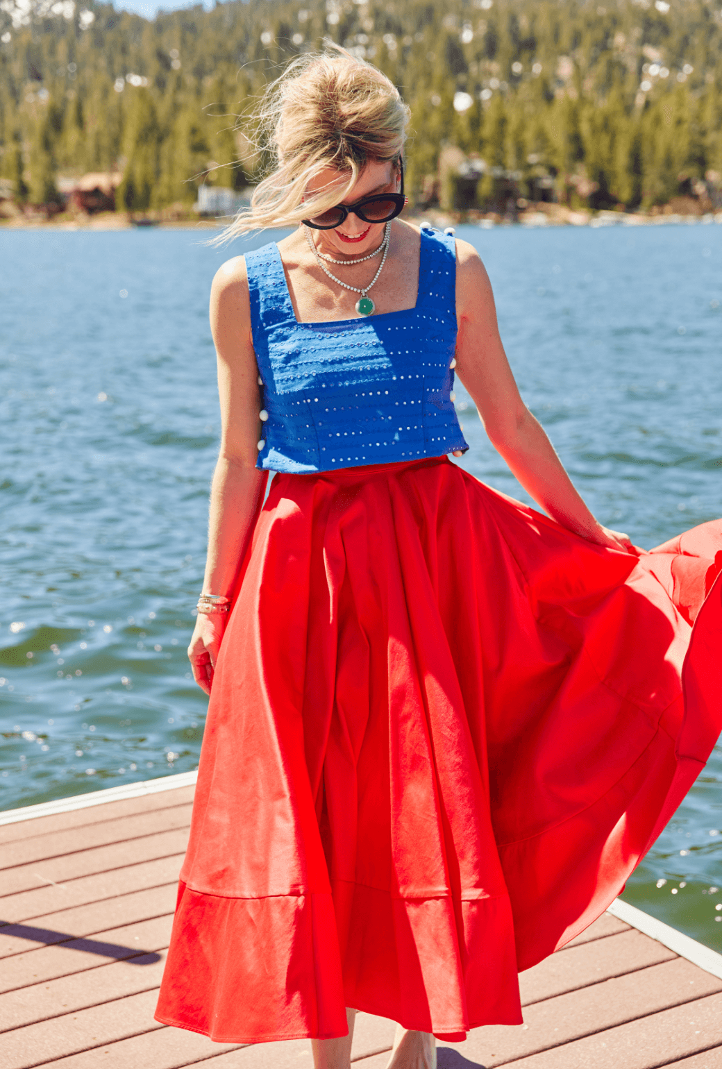 Blue skirt and red top best sale