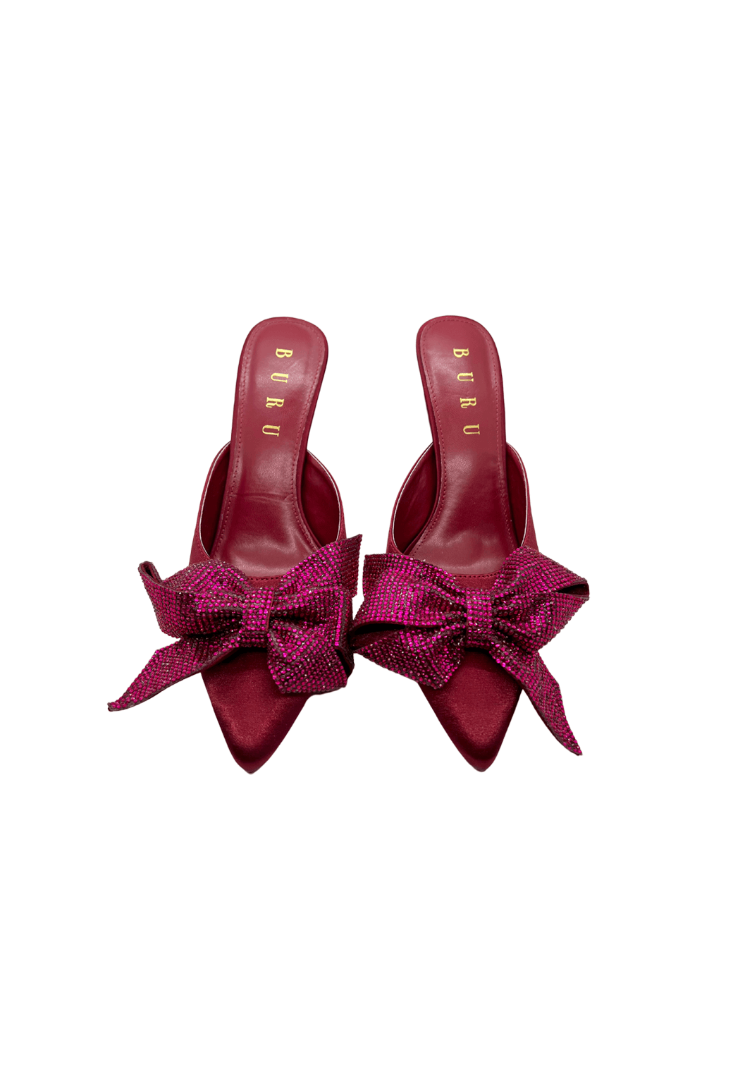 Rhinestone Bow Mules - Bordeaux Satin