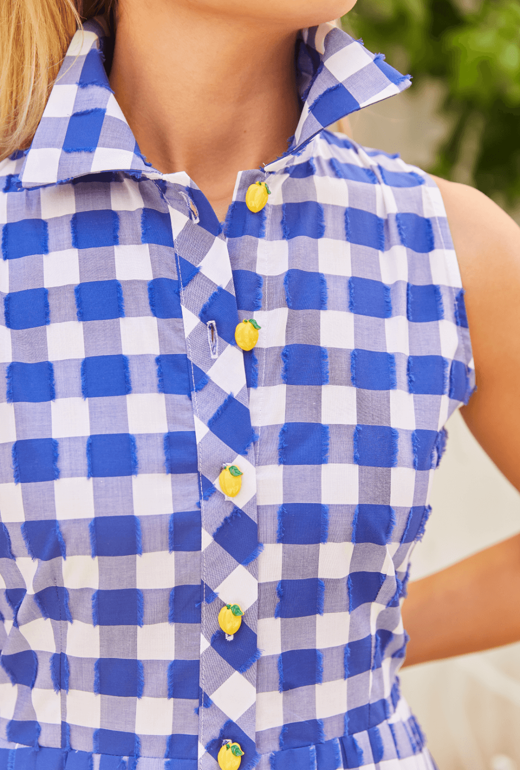 Sleeveless Placket Front MINI Shirtdress - Blue Fringed Gingham