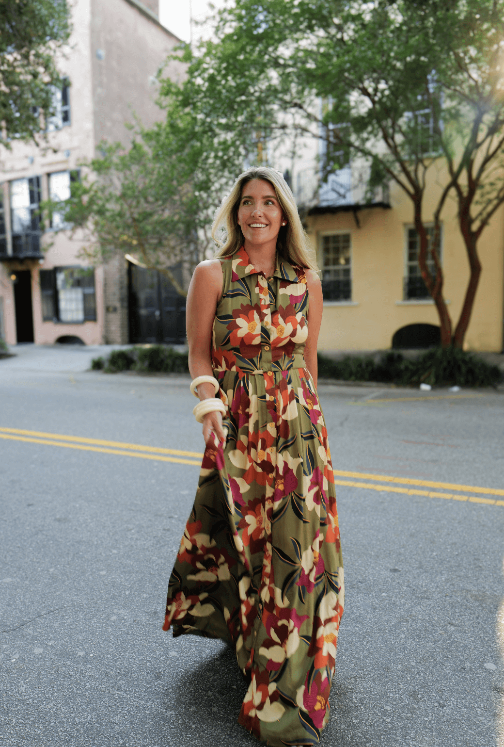 Buru x Megan Stokes Sleeveless Shirtdress - Olive Floral