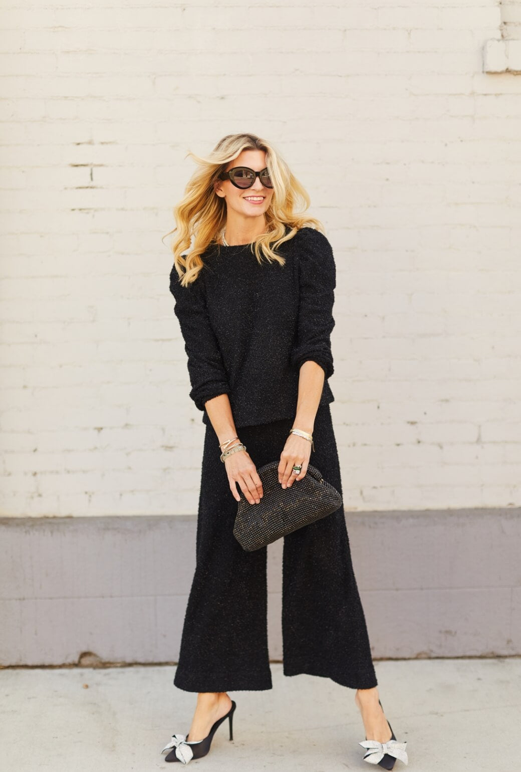 Wide Leg Knit Trouser - Black Shimmer Knit