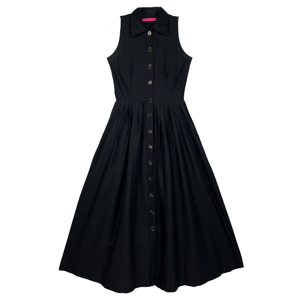 Sleeveless Placket Front Shirtdress- Black Poplin – BURU